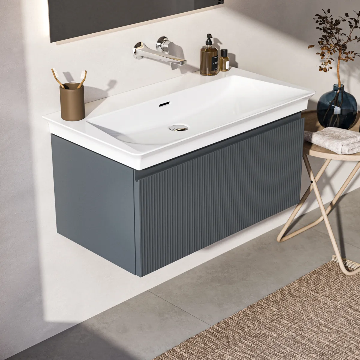 Ideal Standard Möbelwaschtischunterschrank Finesse Aschblau matt 800x440x375 mm 1 Schublade Softclose Wandhängend Ideal Standard Möbelwaschtischunterschrank Finesse Aschblau matt 800x440x375 mm 1 Schublade Softclose Wandhängend