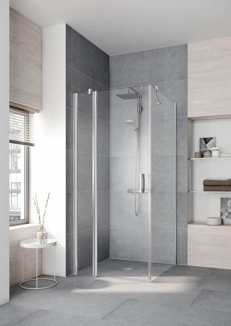 Kermi Duschtür Pendeltür 1-flügelig mit Festfeld links für Ecke „PEGA“ Glas Klar, Profile Silber Hochglanz, BV: 765 - 790 mm GAK: 750 - 775 mm WE: 775 - 800 mm H: 1850 mm