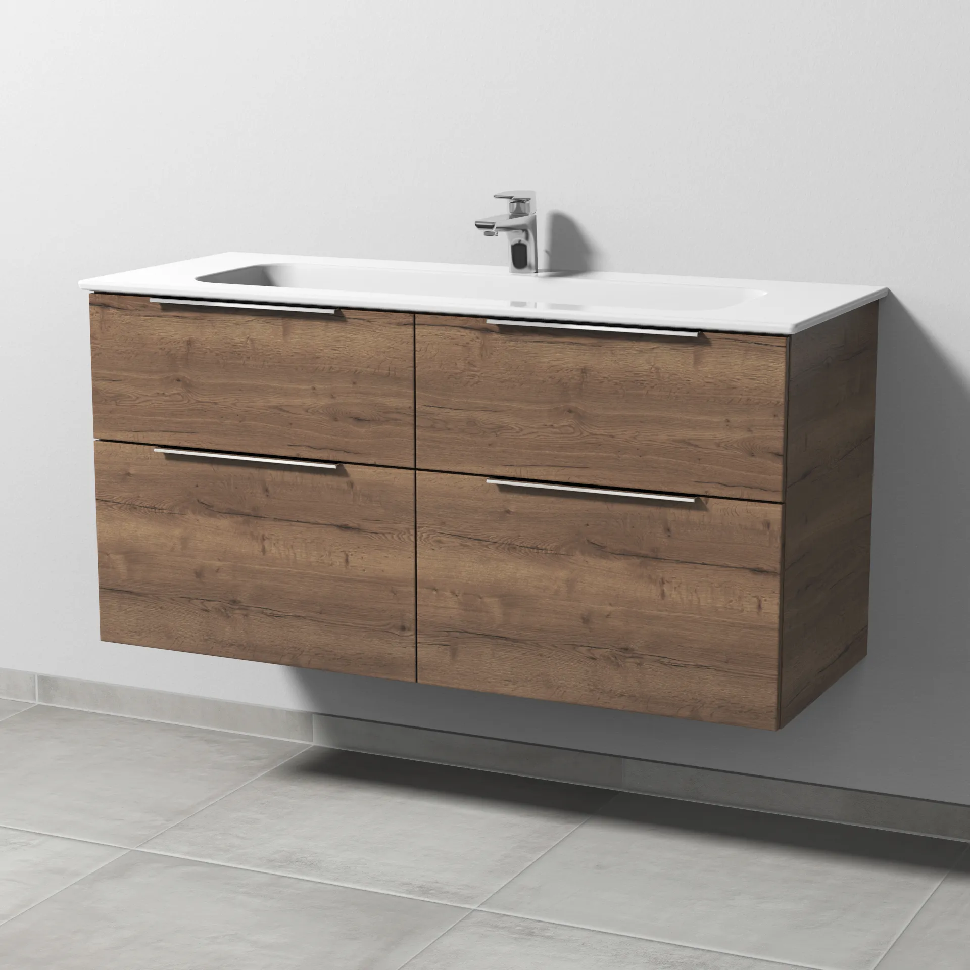 Keramik-Waschtisch-Set mit Waschtischunterschrank „3way“ 117 × 46 × 58,2 cm in Eiche Tabak, mit Hahnlochbohrung, Becken mittig