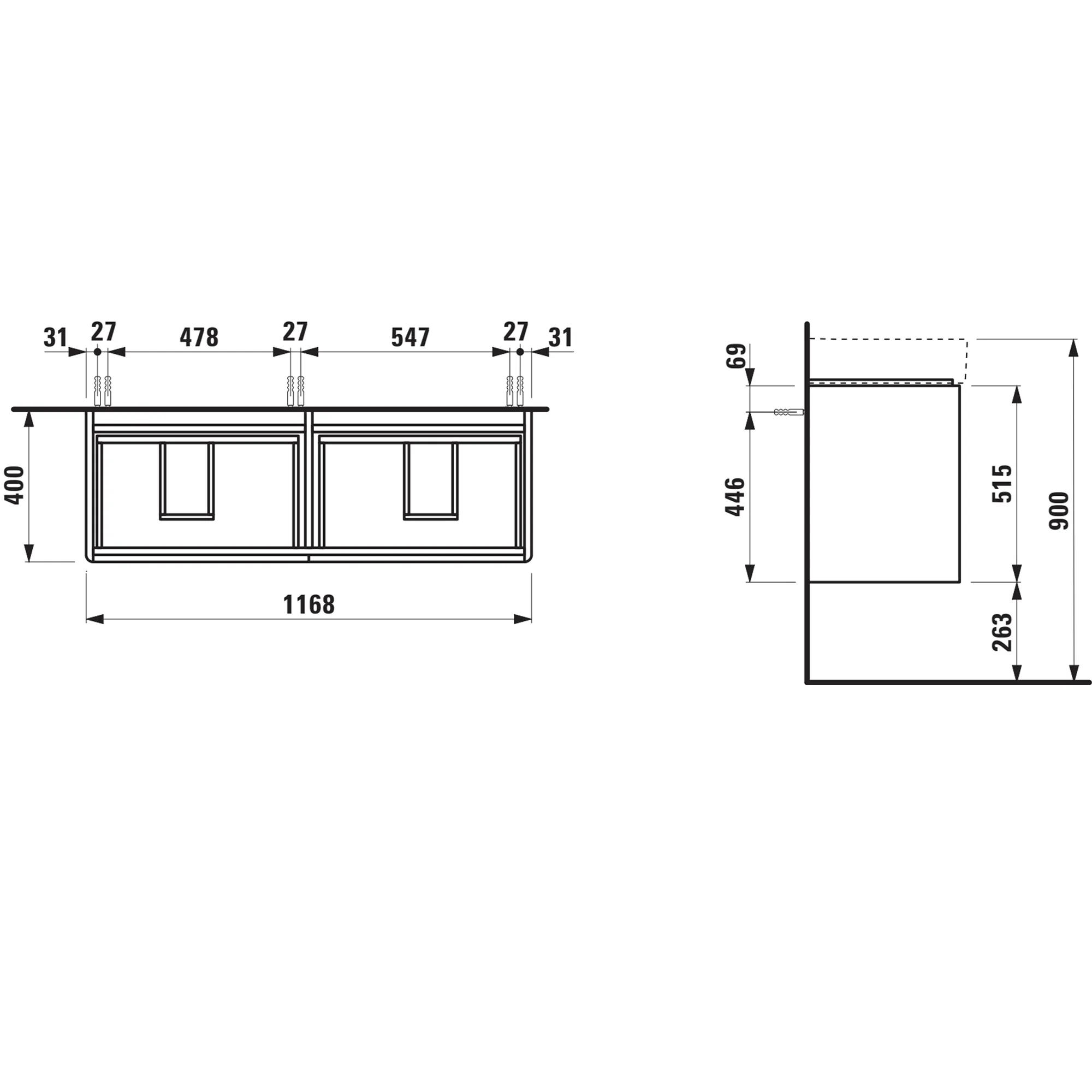 Waschtischunterbau BASE 2.0 für VAL 400x1168x515 4 Schubladen mit Griffmulde für Waschtisch H814282 weiß matt