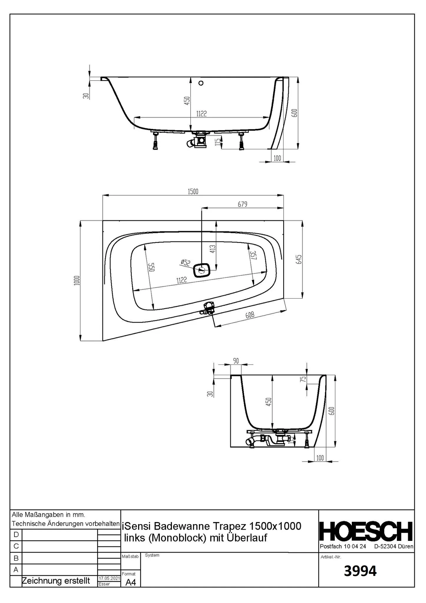 Hoesch Badewanne „iSensi“ Monolith trapez 150 × 100 cm, links in Weiß
