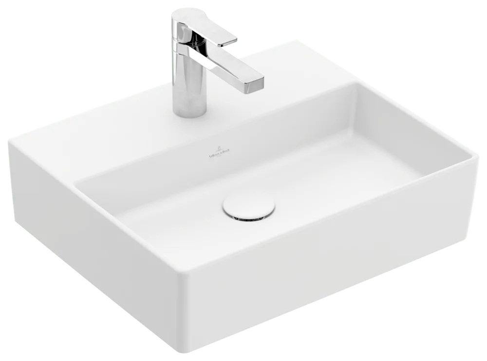 Villeroy & Boch Memento 2.0 Wandwaschbecken, 50 x 42 cm, 14 cm hoch, Stone White CeramicPlus, TitanCeram, matt, 3-Loch Armatur
