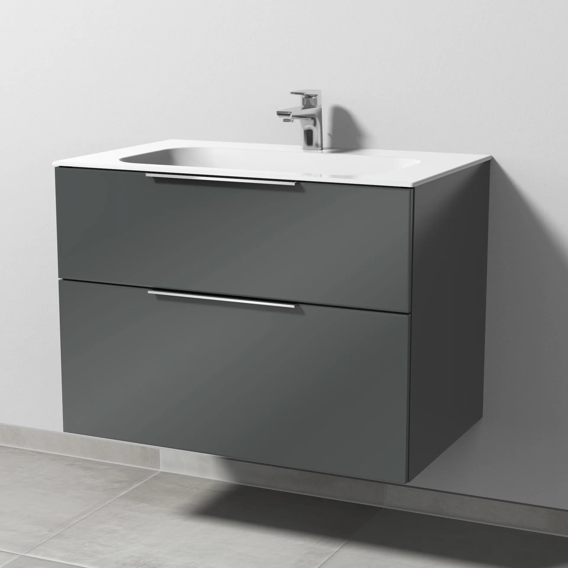Keramik-Waschtisch-Set mit Waschtischunterschrank „3way“ 79 × 49,7 × 58,2 cm in Anthrazit (glanz), mit Hahnlochbohrung, Becken mittig Keramik-Waschtisch-Set mit Waschtischunterschrank „3way“ 79 × 49,7 × 58,2 cm in Anthrazit (glanz), mit Hahnlochbohrung, Becken mittig