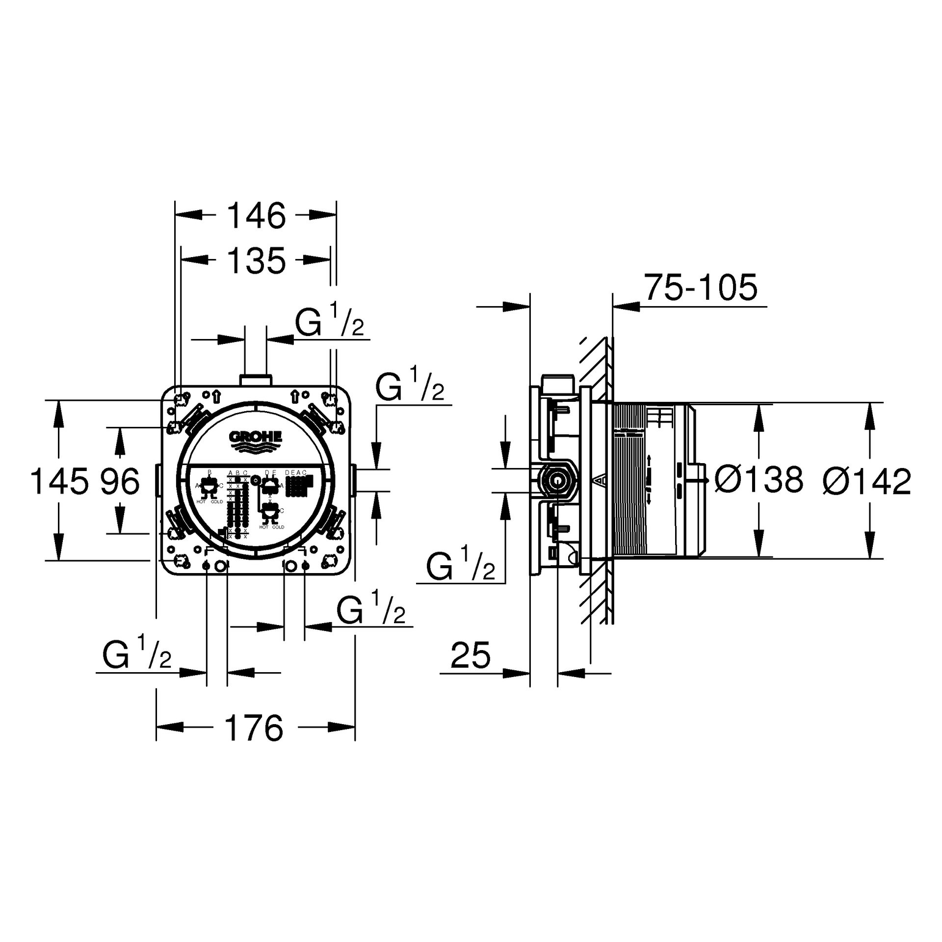 Universal Unterputz-Einbaukörper Rapido SmartBox 35604, DN 15, für Nass- und Trockenausbau, 3 Abgänge 1/2'', 2 Zuläufe unten, 1/2'', Einbautiefe 75-105 mm, Professional Edition