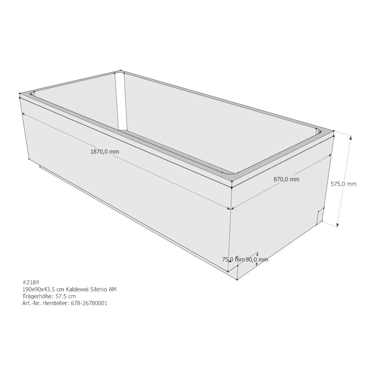 Set Badewanne Silenio 190 × 90 cm mit Träger und Viega-Ablauf, 