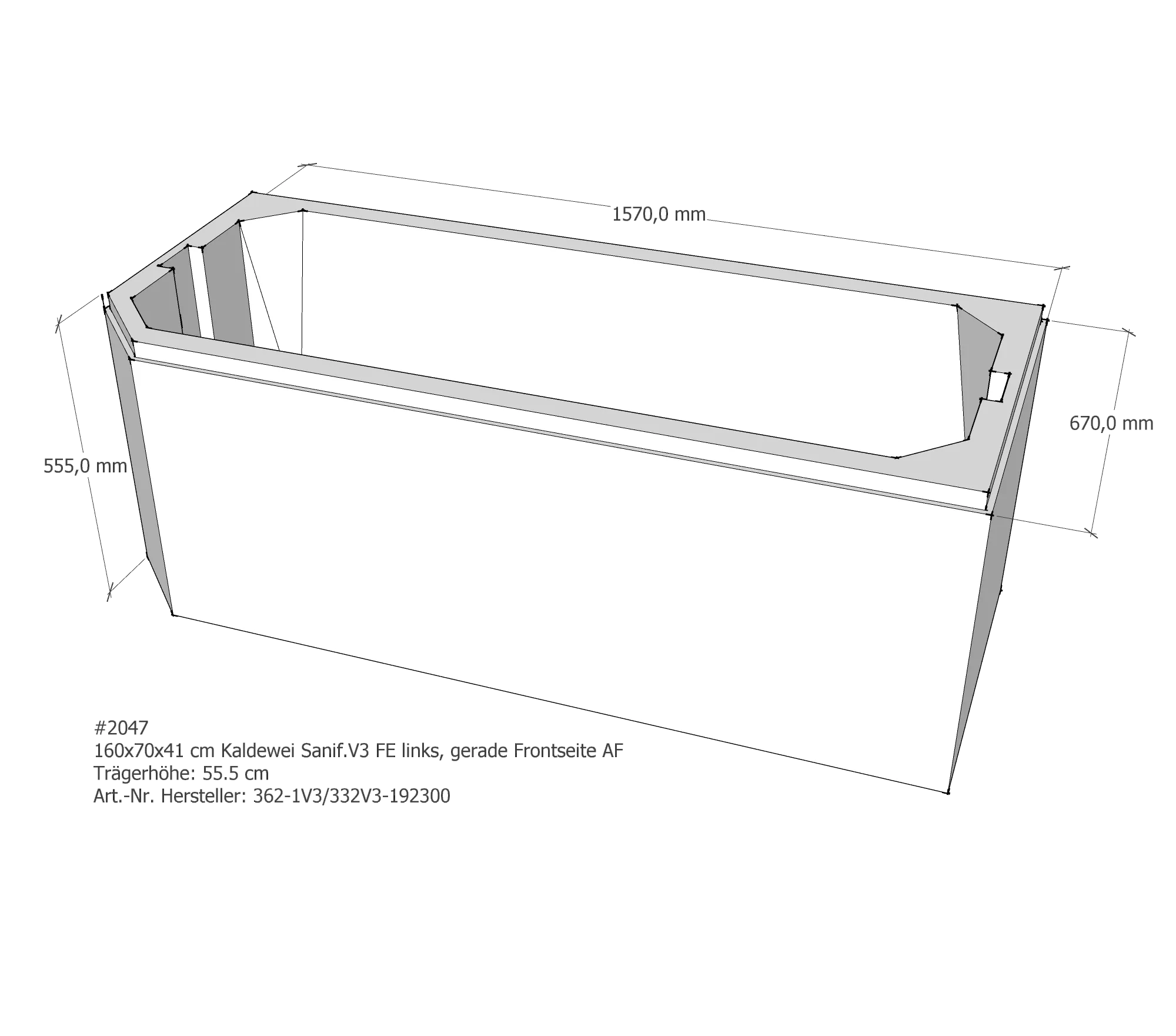 Badewannenträger für Kaldewei Saniform V3 FE links gerade Frontseite 160 × 70 × 41 cm
