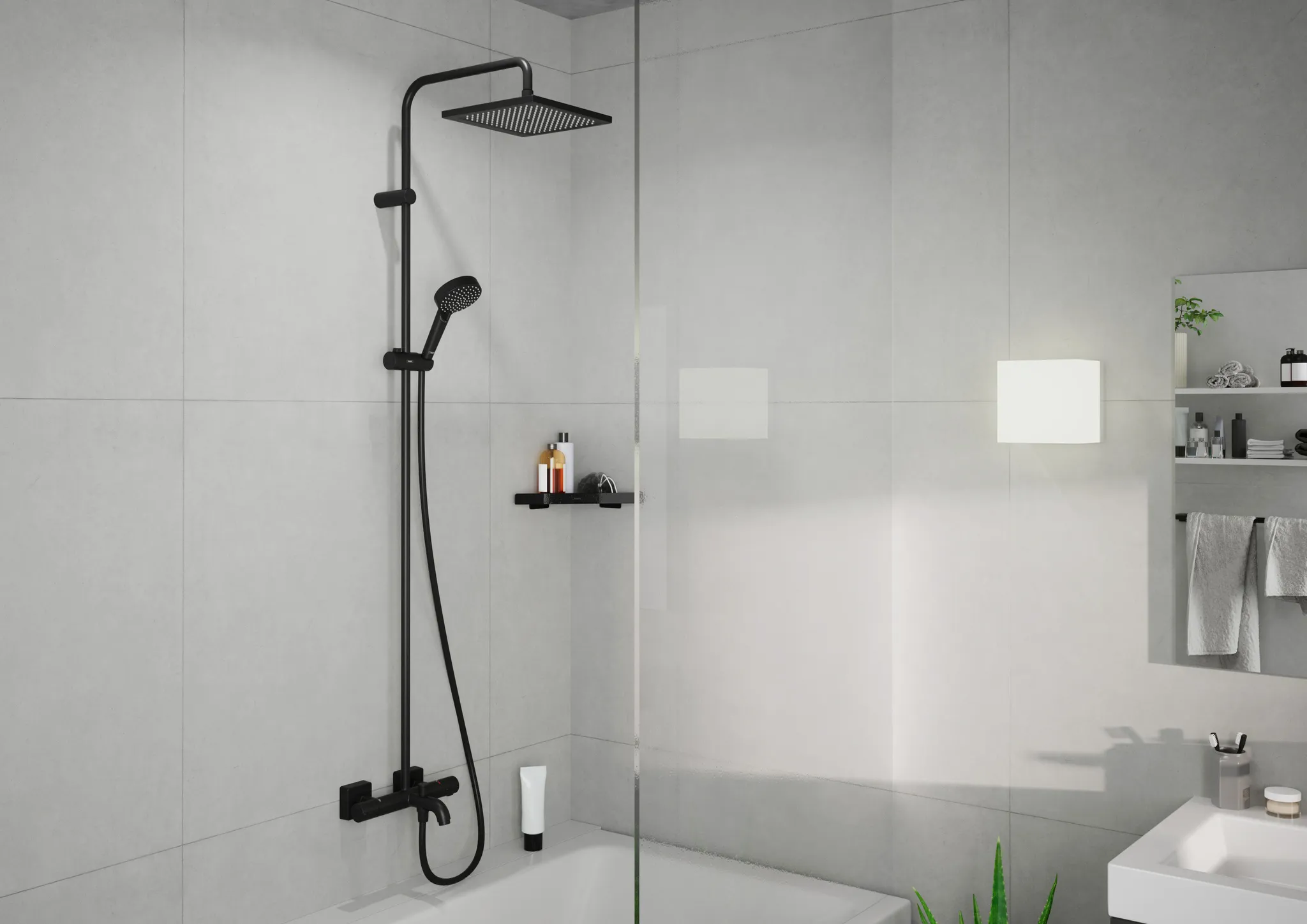 Hansgrohe Vernis Shape Showerpipe 240 1jet mit Wannenthermostat, Mattschwarz Hansgrohe Vernis Shape Showerpipe 240 1jet mit Wannenthermostat, Mattschwarz