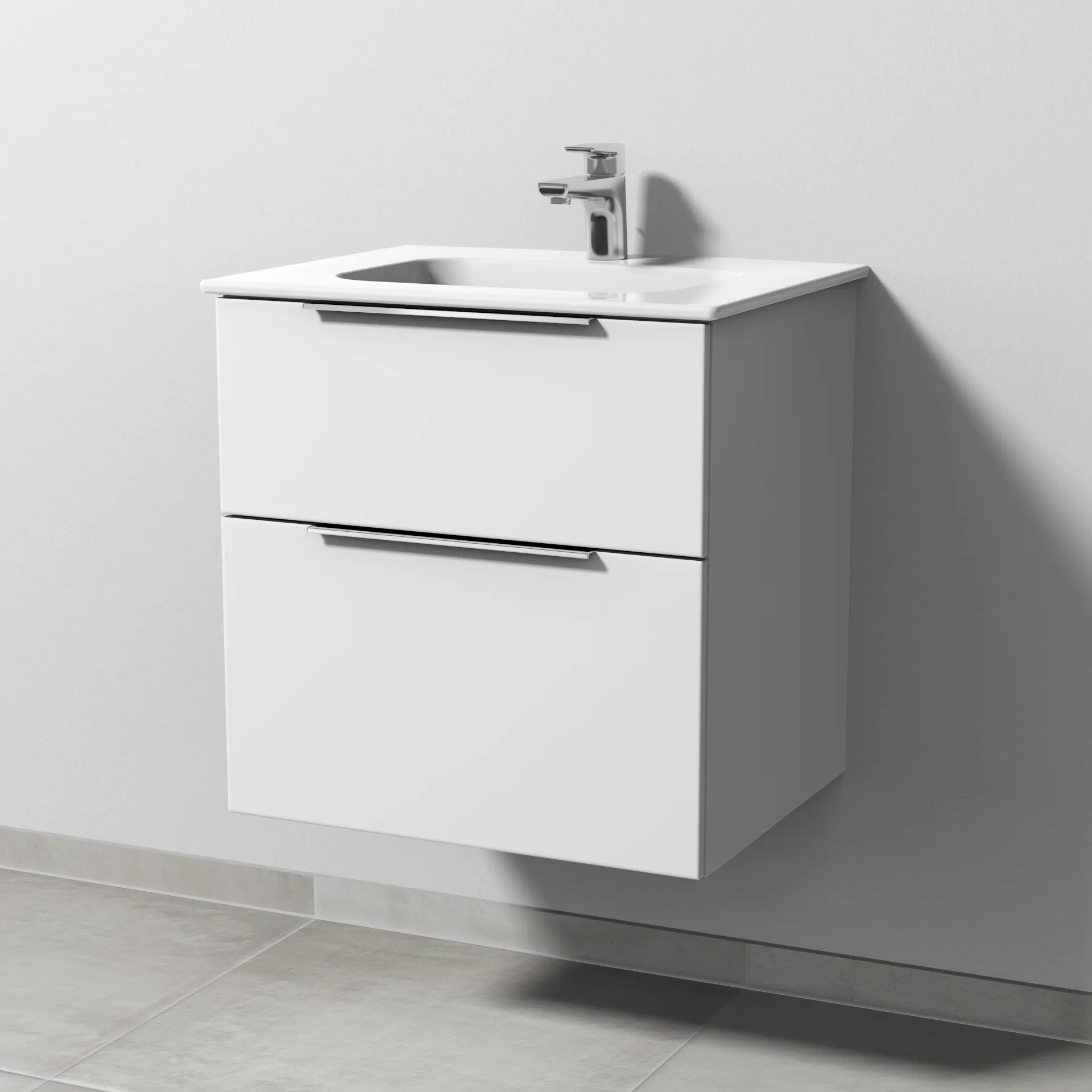 Keramik-Waschtisch-Set mit Waschtischunterschrank „3way“ 57 × 46 × 58,2 cm in Weiß-Soft, mit Hahnlochbohrung, Becken mittig