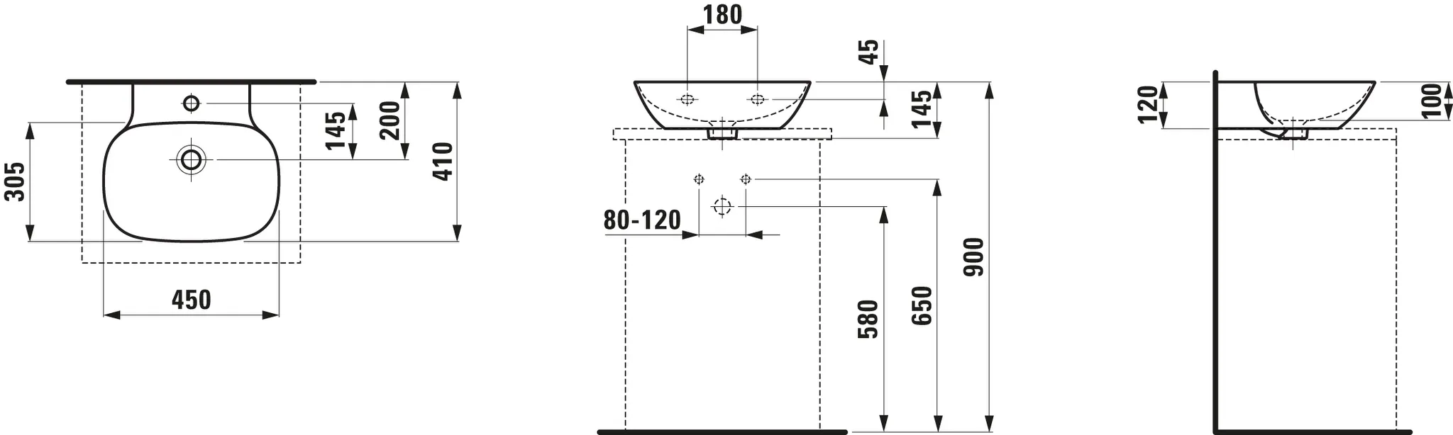 Aufsatzhandwaschbecken INO 450x410x145 1 Hahnloch mit Überlauf weiß