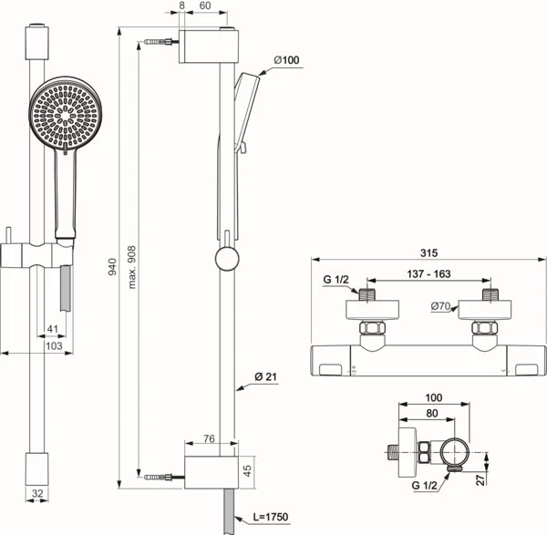 Ideal Standard Brausegarnitur Ceratherm T25 N mit Thermostat, Chrom, Brausestange 90 cm