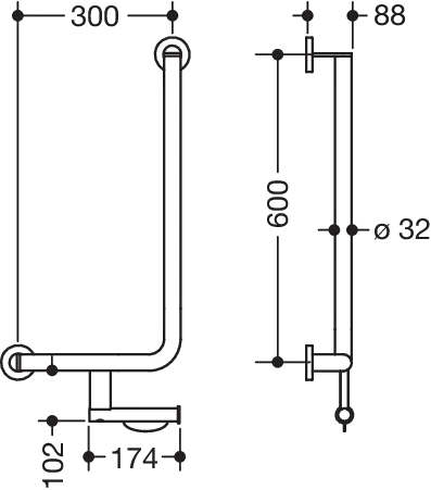 Winkelgriff, d:32/32, PRH, A1:600, W1:300, li, plvb weiß tiefmatt Winkelgriff, d:32/32, PRH, A1:600, W1:300, li, plvb weiß tiefmatt