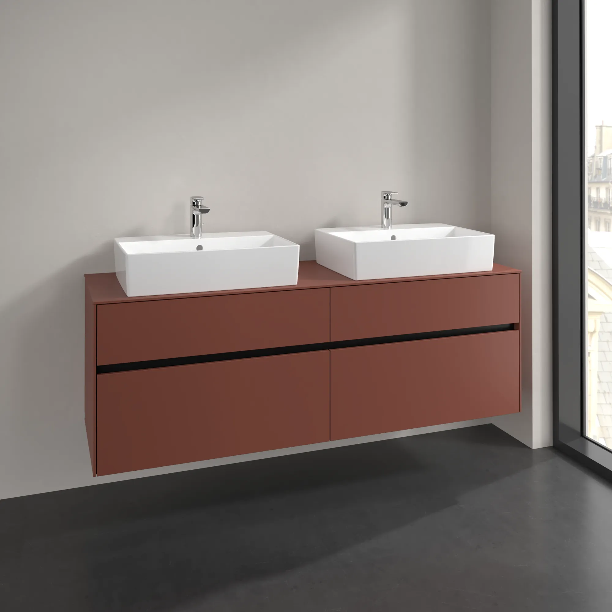 Villeroy & Boch Waschtischunterschrank „Collaro“ 1600 × 548 × 500 mm Wine Red, ohne Beleuchtung, für links und rechts Villeroy & Boch Waschtischunterschrank „Collaro“ 1600 × 548 × 500 mm Wine Red, ohne Beleuchtung, für links und rechts