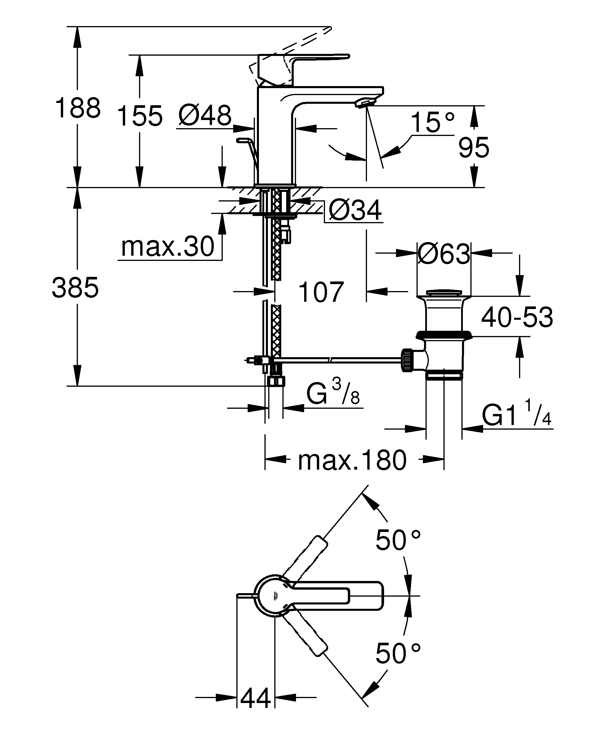 Einhand-Waschtischbatterie Lineare 23790_1, XS-Size, Einlochmontage, Energie-Spar-Funktion Mittelstellung kalt, Zugstangen-Ablaufgarnitur 1 1/4″