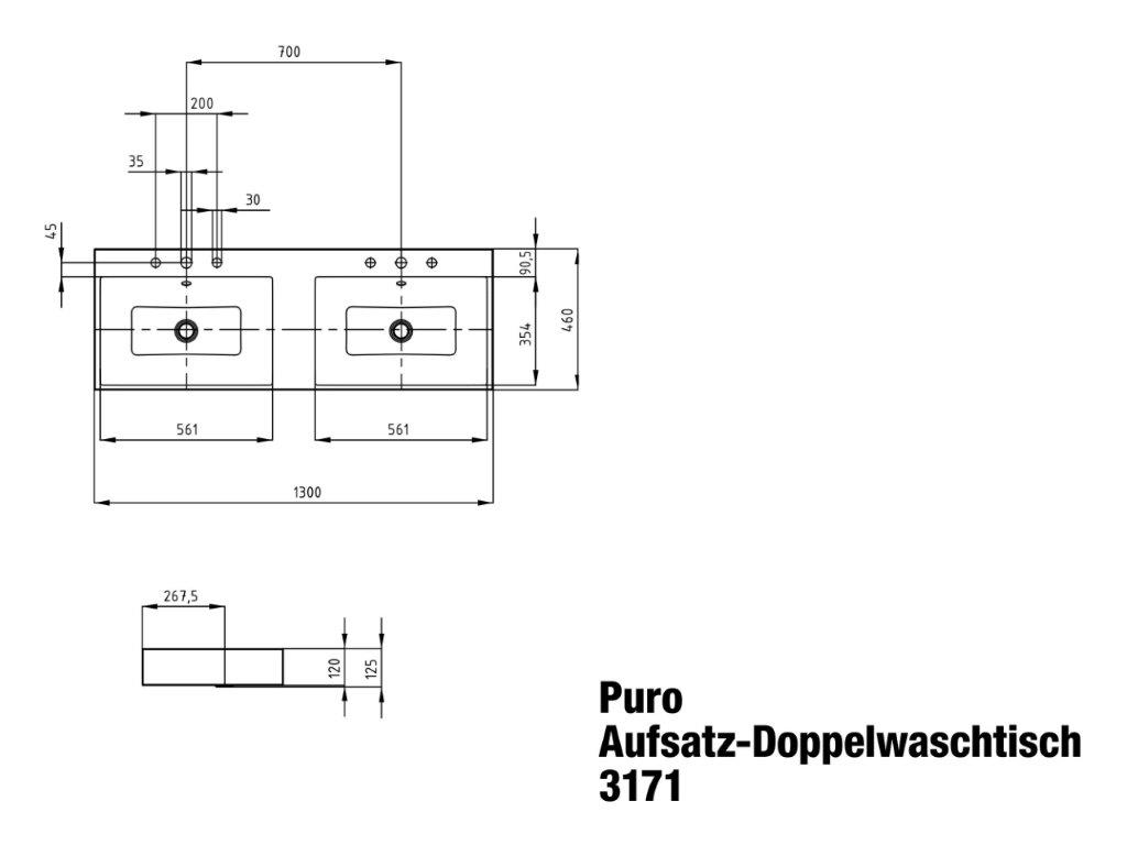 Doppelwaschtisch „Puro“ 130 × 46 cm in alpinweiß, mit Perl-Effekt