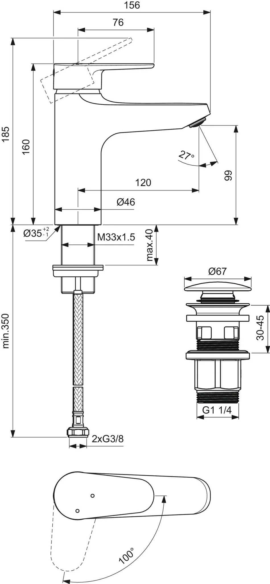 Ideal Standard Waschischarmatur Alu+ BlueStart mit Ablaufgarnitur Silver