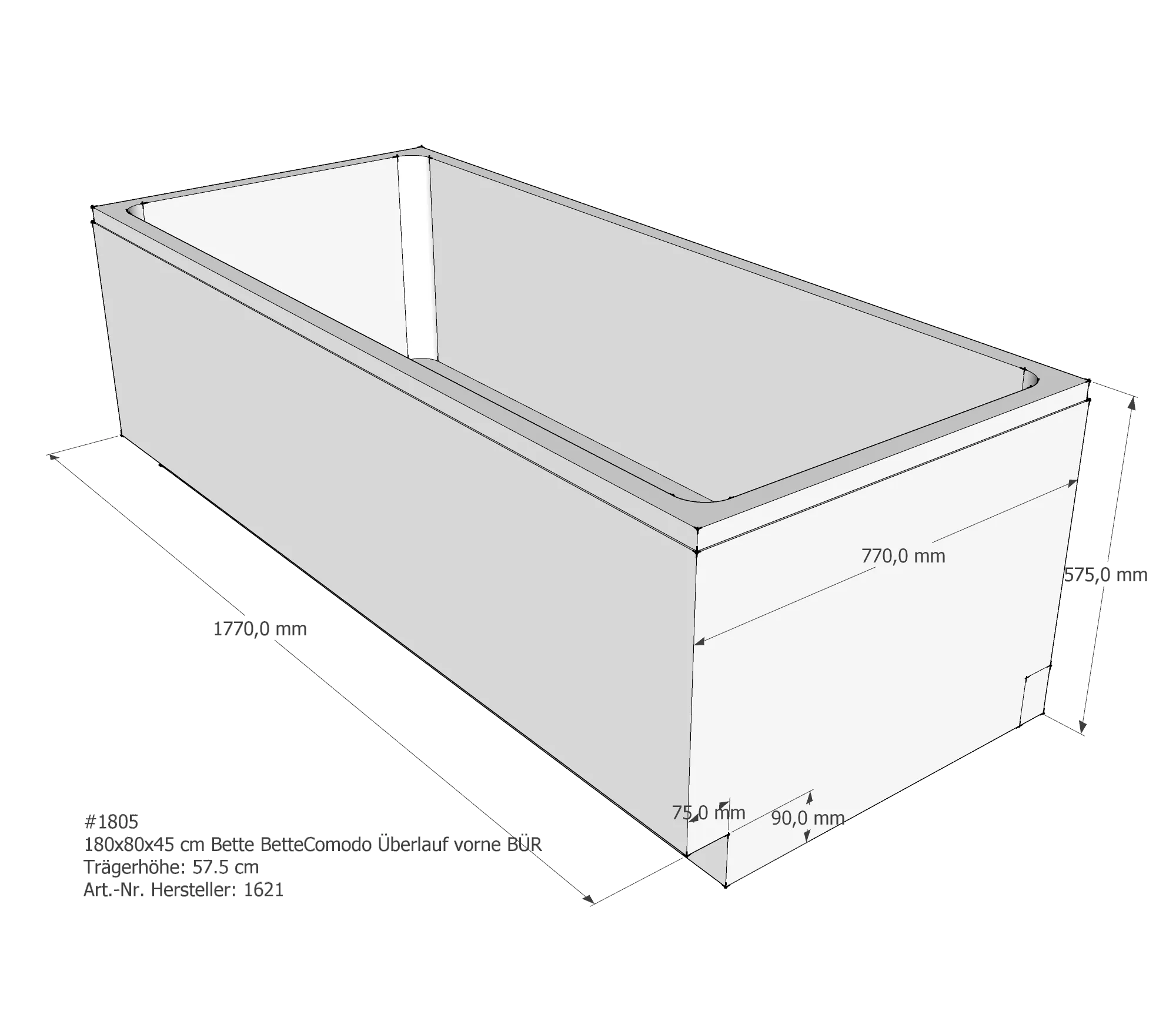 Badewannenträger für Bette Comodo 180 × 80 × 45 cm Breite: 80 cm / Länge: 180 cm