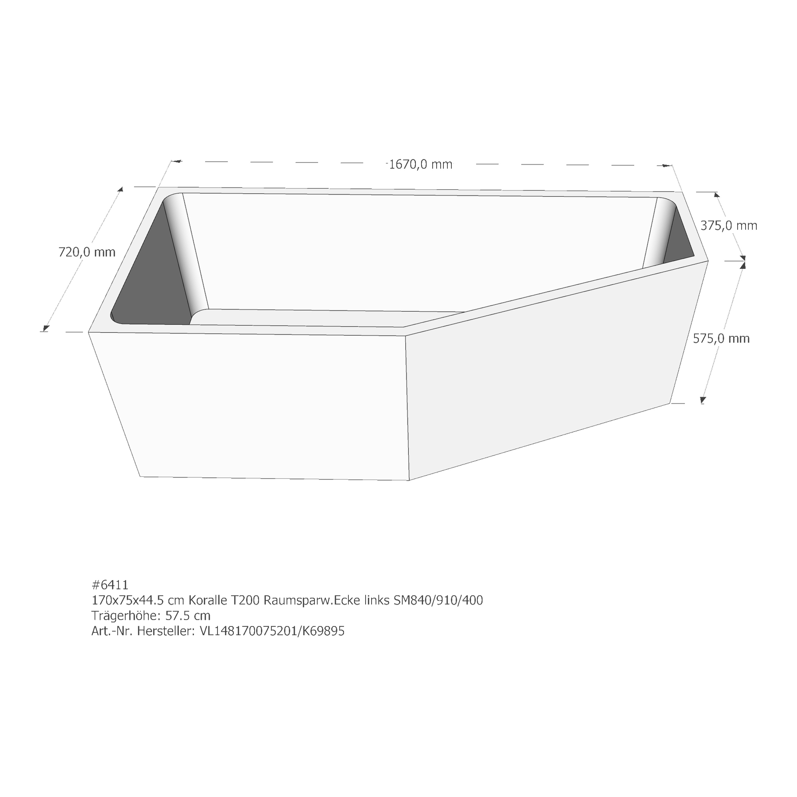 Badewannenträger für Koralle T200 BW 170/75 links links 170 × 75 × 44,5 cm Badewannenträger für Koralle T200 BW 170/75 links links 170 × 75 × 44,5 cm