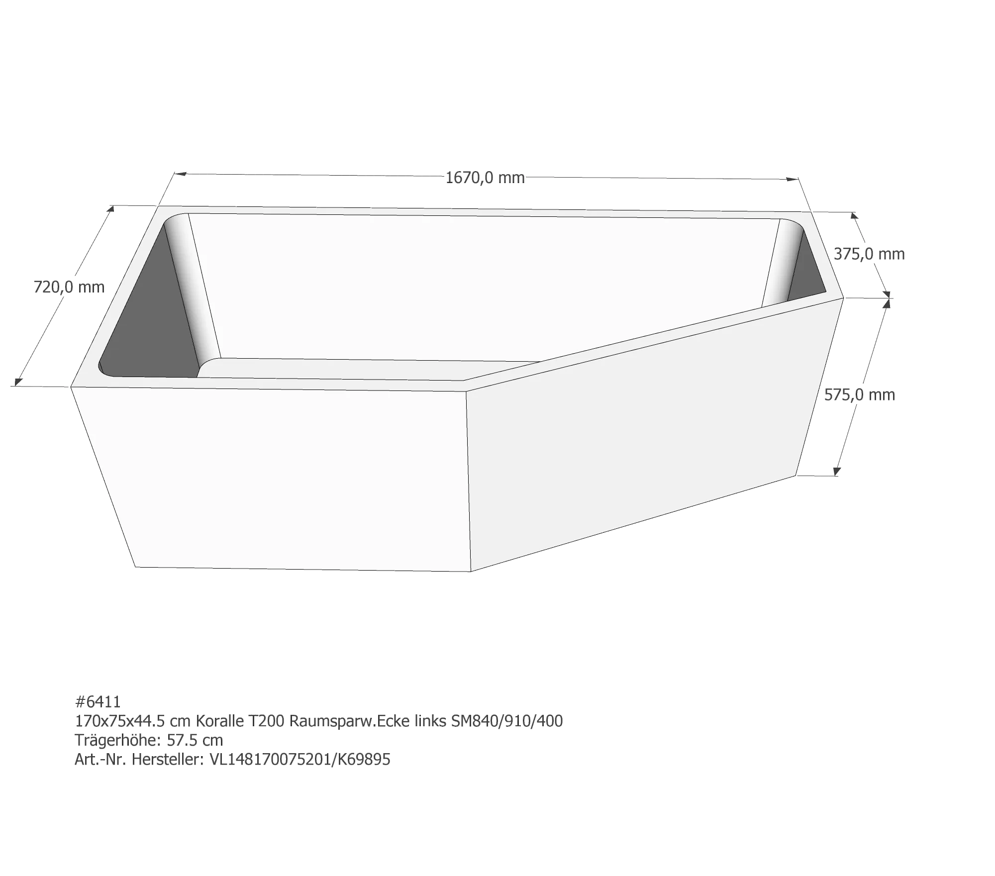 Badewannenträger für Koralle T200 BW 170/75 links links 170 × 75 × 44,5 cm
