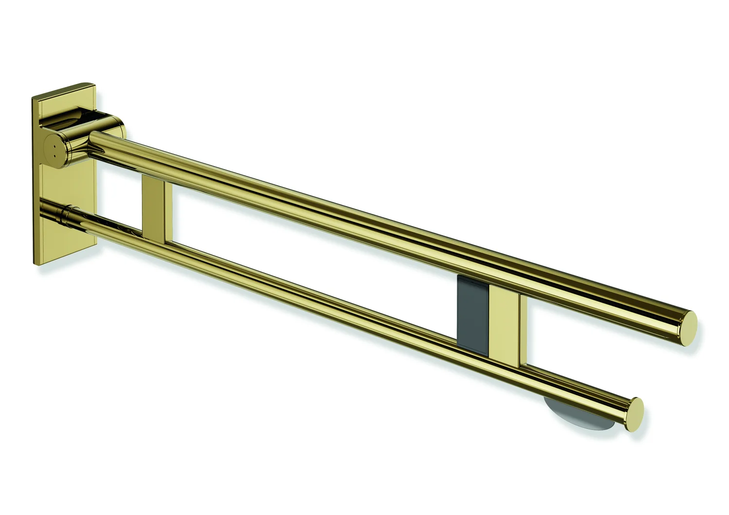 HEWI Stützklappgriff Duo System 900, Design A, Edelstahl PVD gold glänzend, Ausladung 900 mm, mit WC-Papierhalter und Funk-Spülauslösung, rechts HEWI Stützklappgriff Duo System 900, Design A, Edelstahl PVD gold glänzend, Ausladung 900 mm, mit WC-Papierhalter und Funk-Spülauslösung, rechts