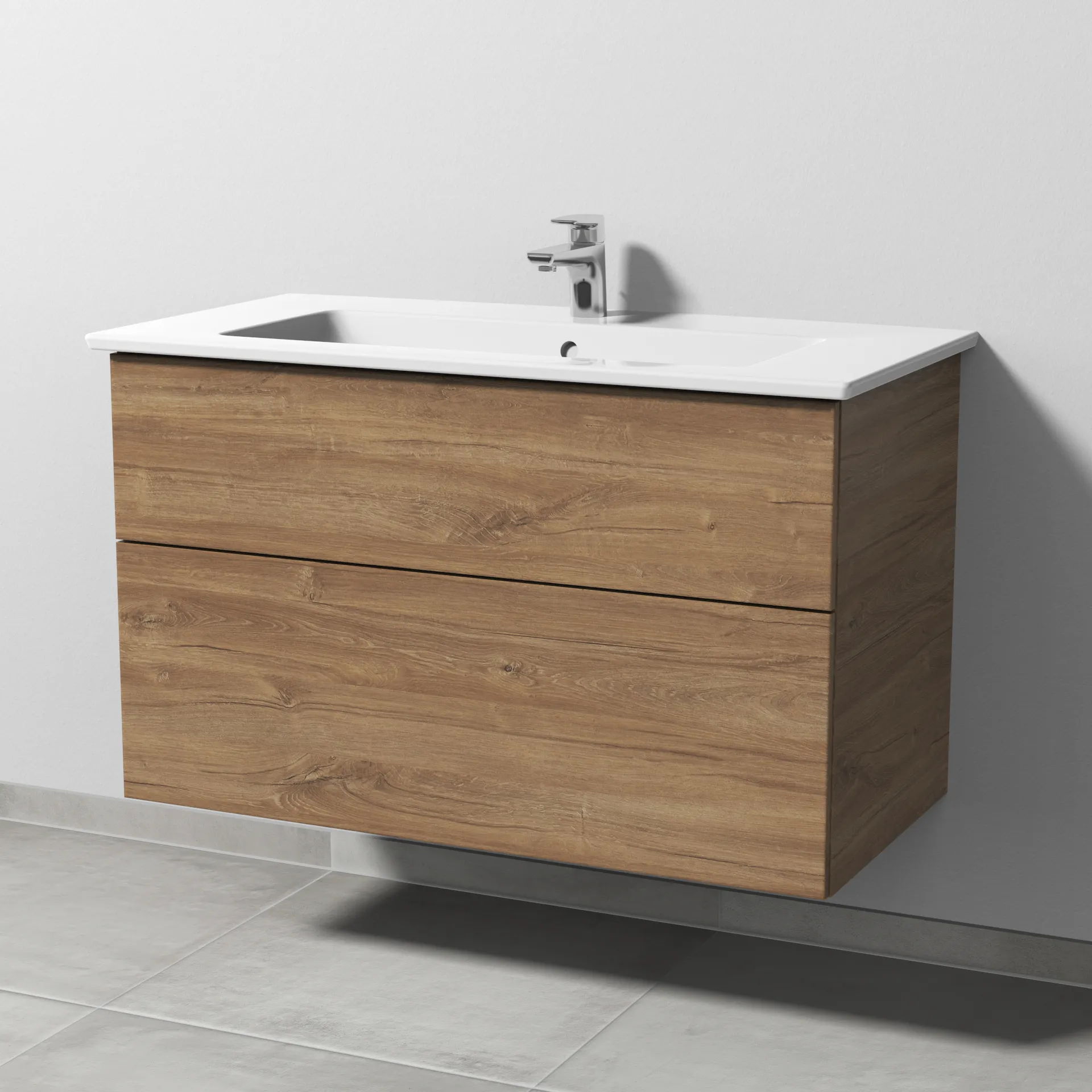 Keramik-Waschtisch-Set mit Waschtischunterschrank „3way“ 95,5 × 47,7 × 59,1 cm in Eiche Kansas, mit Hahnlochbohrung, Becken mittig