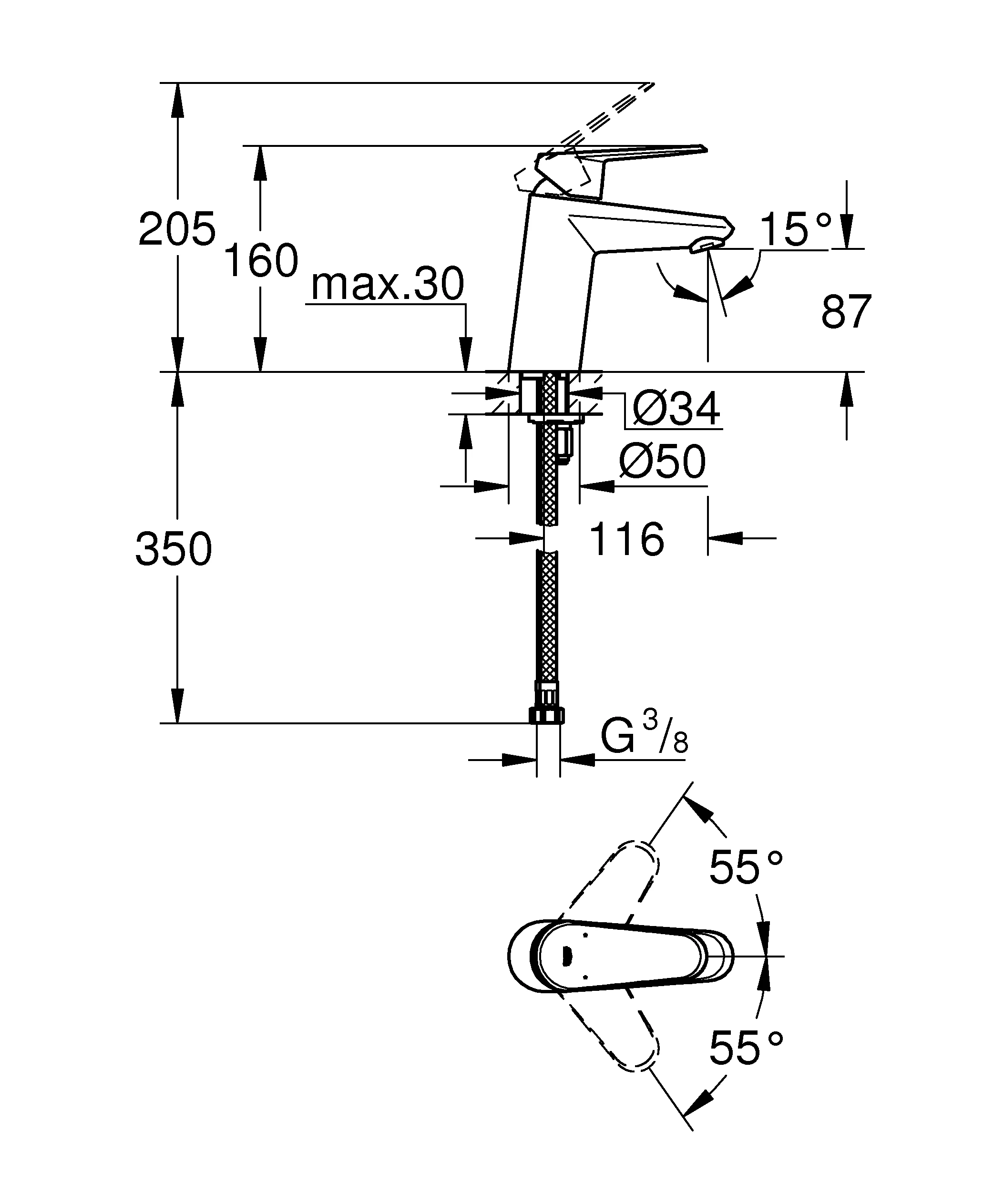 Einhand-Waschtischbatterie Eurodisc Cosmopolitan 32469_2, S-Size, Einlochmontage, glatter Körper, 5,7 l/min SpeedClean Mousseur, chrom