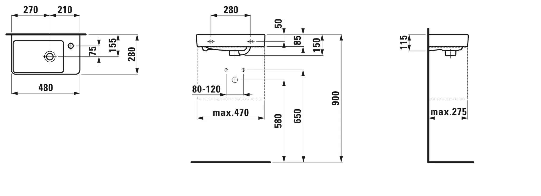 Handwaschbecken PRO S 280x480x150 asymmetrisch 1 Hahnloch rechts mit Überlauf Becken links weiß Handwaschbecken PRO S 280x480x150 asymmetrisch 1 Hahnloch rechts mit Überlauf Becken links weiß
