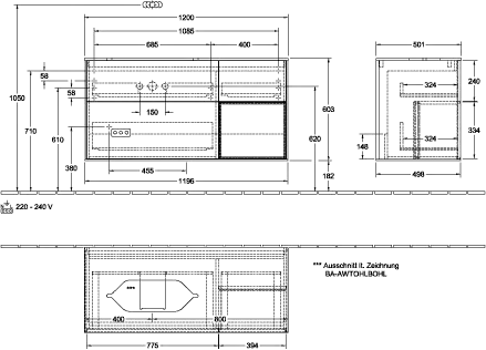 Villeroy & Boch Waschtischunterschrank „Finion“ für Schrankwaschtisch 120 × 60,3 × 50,1 cm 3 Schubladen, für Waschtischposition links, inkl. Beleuchtung links