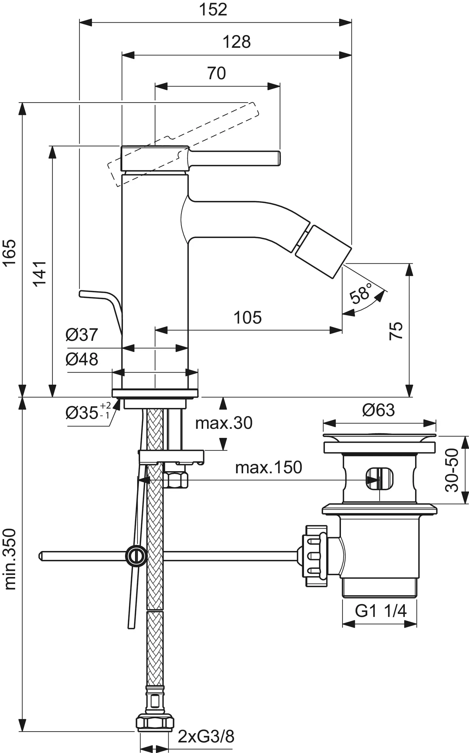 Bidetarmatur Ceraline Nuovo Ausladung 105mm mit Ablaufgarnitur Chrom