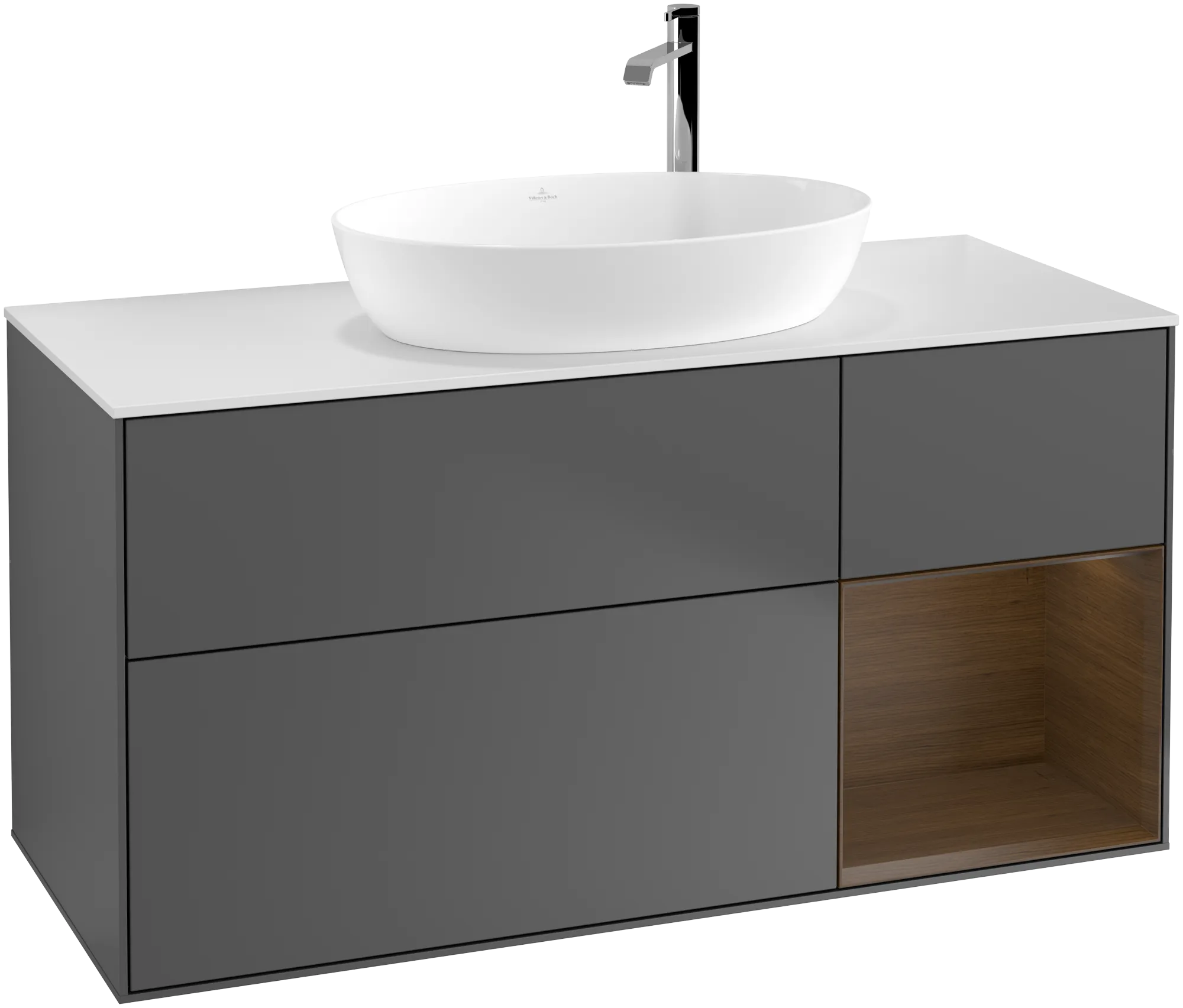 Villeroy & Boch Finion Waschbeckenunterschrank G95, Anthrazit-Matt Lack / Walnuss Veneer / Glas Weiss Matt