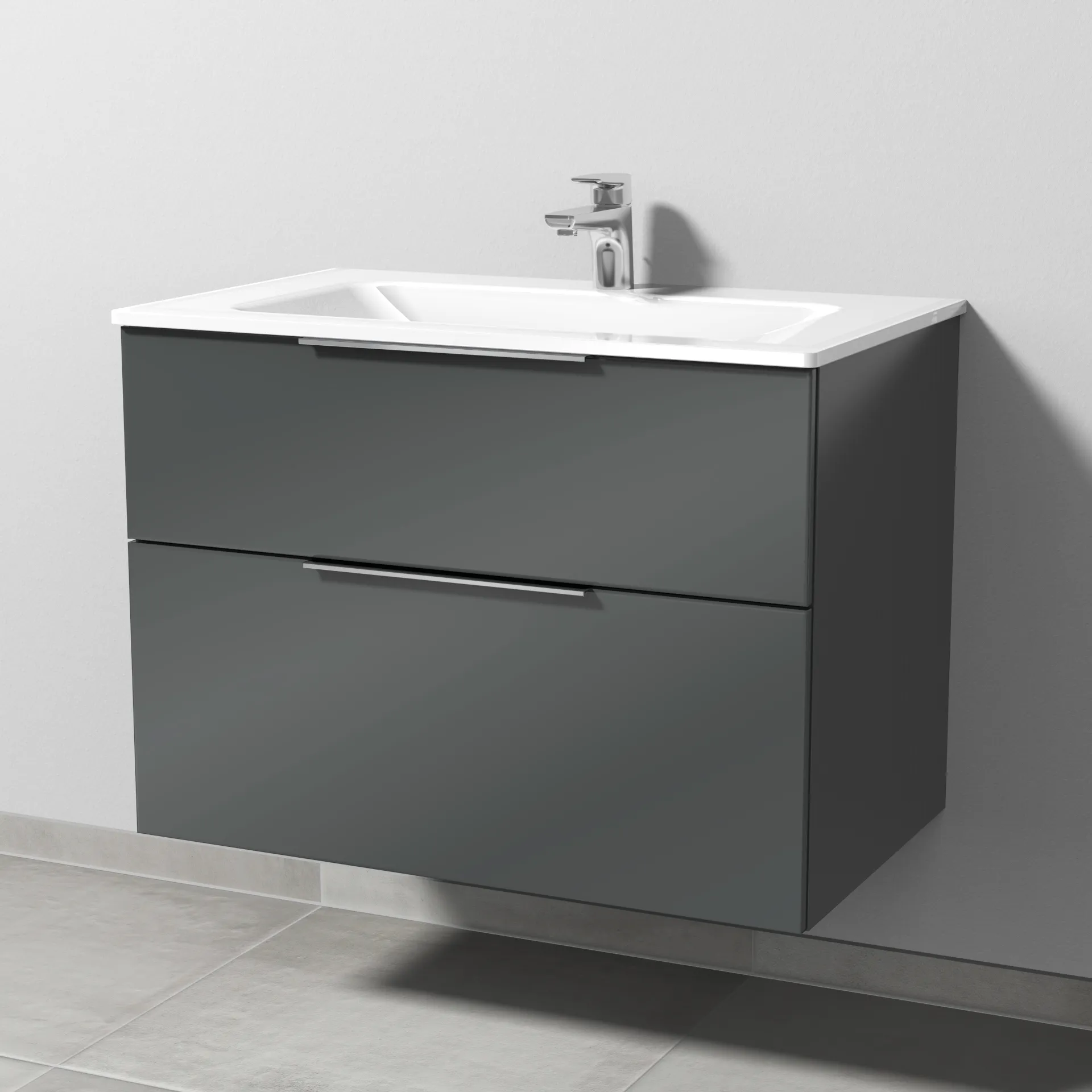 Glas-Waschtisch-Set mit Waschtischunterschrank „3way“ 80 × 48,7 × 58,2 cm in Anthrazit (glanz), mit Hahnlochbohrung