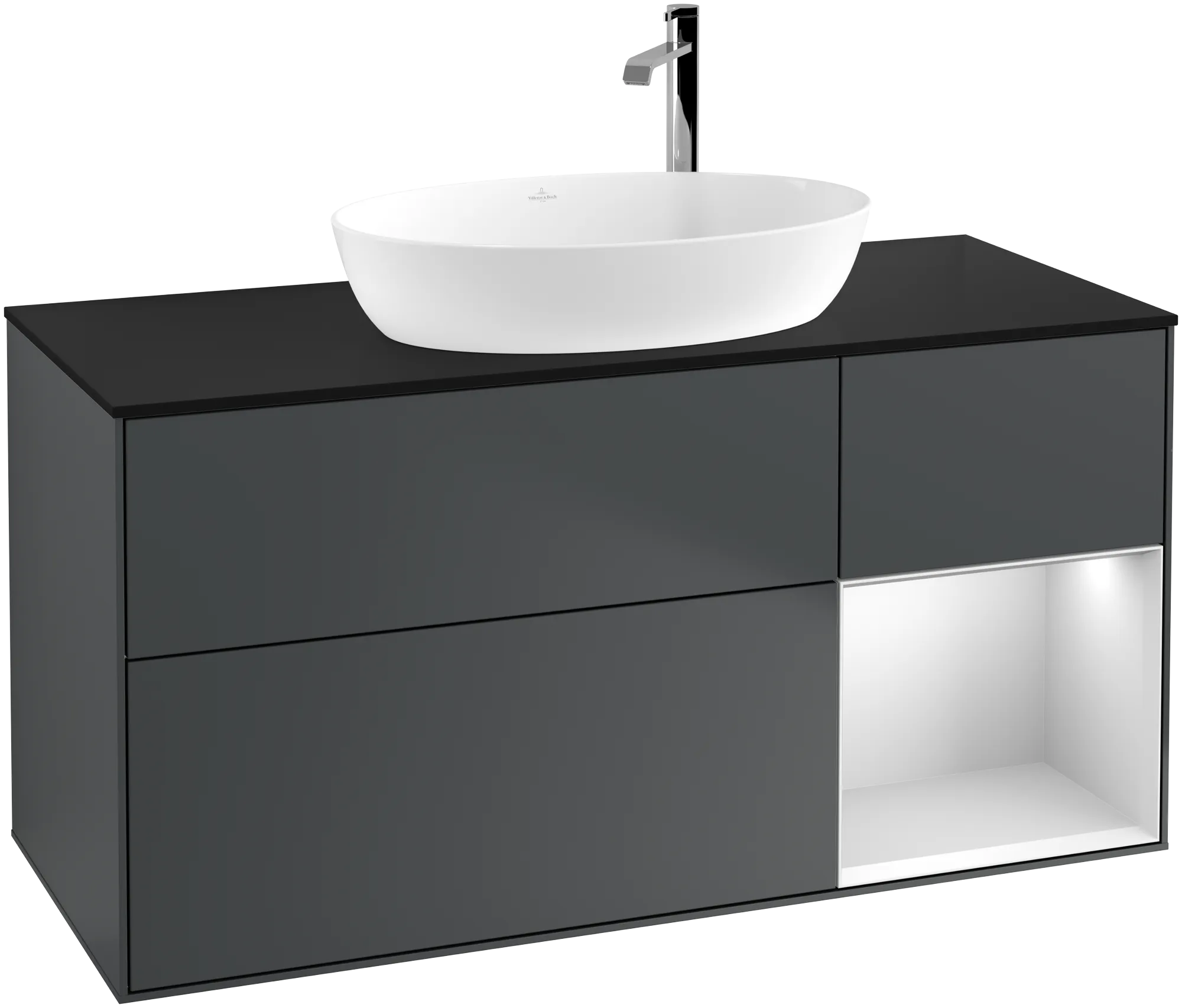 Villeroy & Boch Finion Waschbeckenunterschrank F95, 1200x603x501mm, Midnight Blue Matt/Lacquer / White Matt/Lacquer / Glass Black Matt
