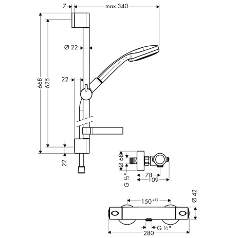 Brausenkombi Croma 100 Multi/Ecostat Comfort und Brausenstange Unica'C 650mm Brausenkombi Croma 100 Multi/Ecostat Comfort und Brausenstange Unica'C 650mm