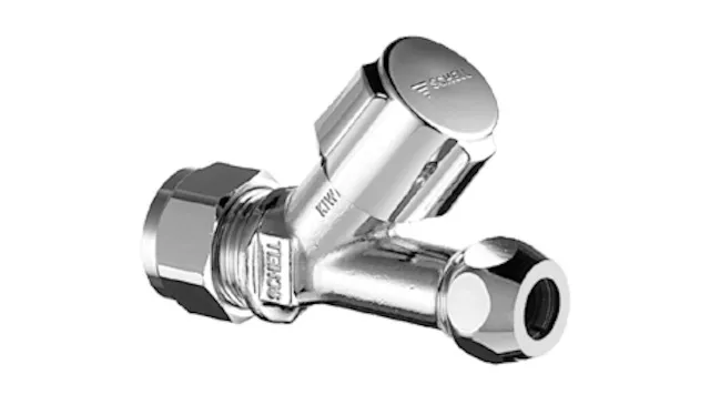 Schrägsitzventil COMFORT, COMFORT-Griff, Messing-Klemmring-Verschraubung Ø 15 (DN 15 G 1/2 AG), Ø 10 mm (DN 10 G 3/8 AG), chrom
