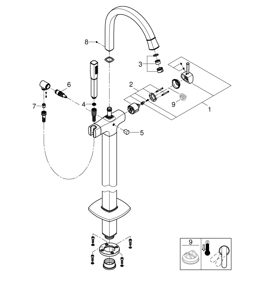 Einhand-Wannenbatterie Grandera 24375, Bodenmontage, Fertigmontageset für 45 984, mit Handbrauseset, eigensicher, chrom