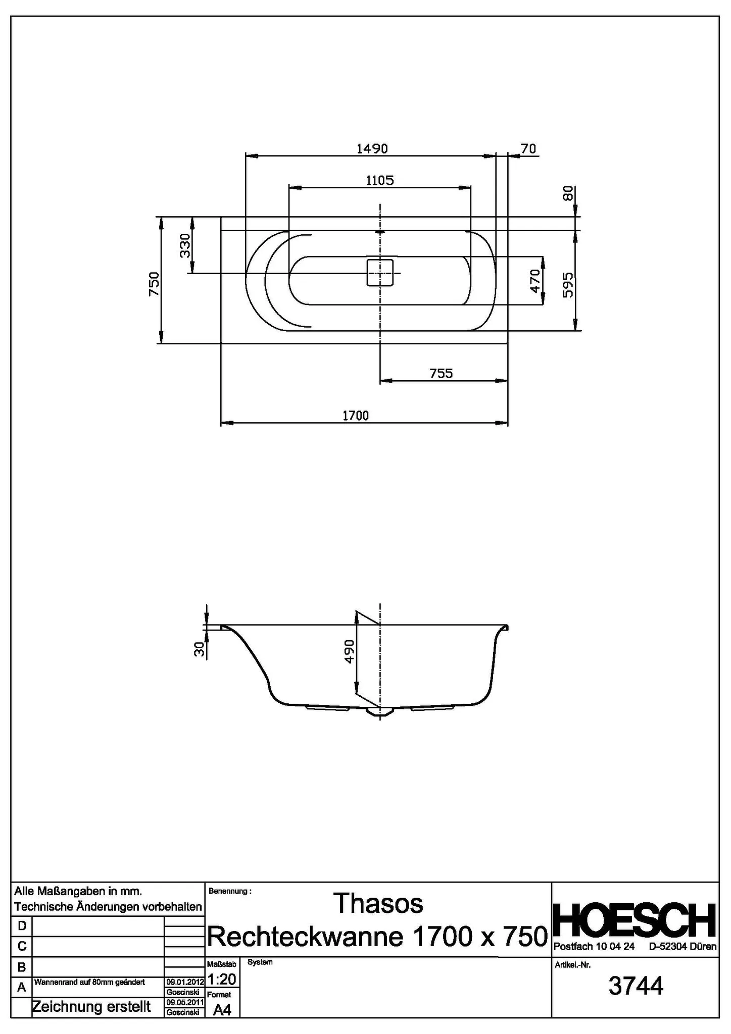 Hoesch Badewanne „Thasos“ rechteck 170 × 75 cm in Weiß