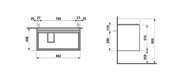 Laufen Waschtischunterbau LANI 448x882x515 mit 2 Schubladen, integrierter Griffleiste, Vollauszug und Soft-Close Laufen Waschtischunterbau LANI 448x882x515 mit 2 Schubladen, integrierter Griffleiste, Vollauszug und Soft-Close