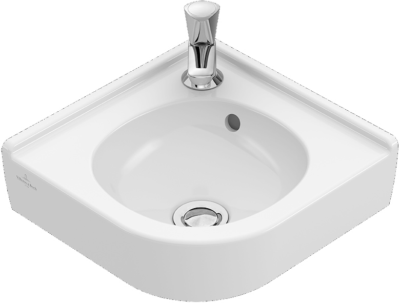 Eck-Handwaschbecken O.novo 731032, 400 x 320 mm, Viertelkreis, 1HL. mittleres Hahnloch durchgestochen, mit Überlauf, ungeschliffen, Weiß Alpin