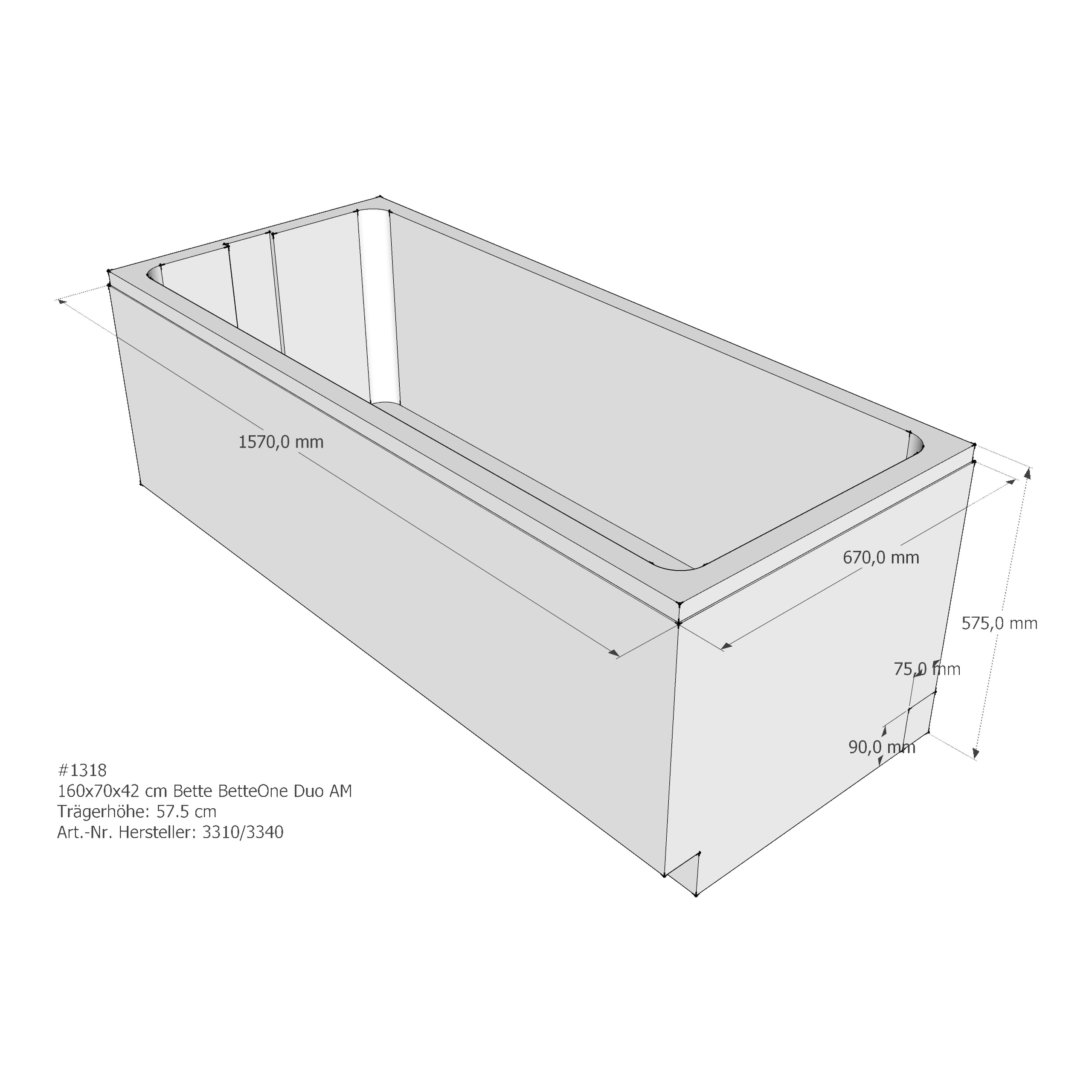 Badewannenträger für Bette One (Duo) 160 × 70 × 42 cm Breite: 70 cm / Länge: 160 cm Badewannenträger für Bette One (Duo) 160 × 70 × 42 cm Breite: 70 cm / Länge: 160 cm
