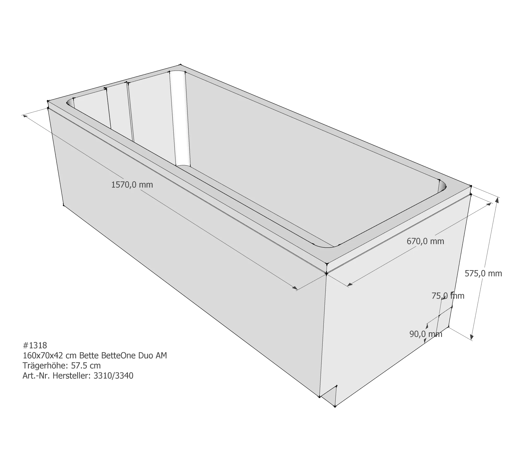 Badewannenträger für Bette One (Duo) 160 × 70 × 42 cm Breite: 70 cm / Länge: 160 cm