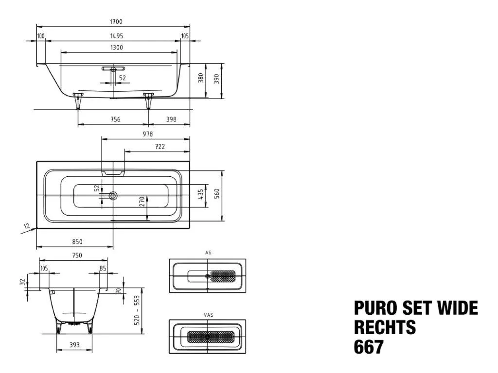 Kaldewei Badewanne „Puro Set Wide“ rechteck 170 × 75 cm, ohne Grifflochbohrungen, rechts in bahamabeige Kaldewei Badewanne „Puro Set Wide“ rechteck 170 × 75 cm, ohne Grifflochbohrungen, rechts in bahamabeige