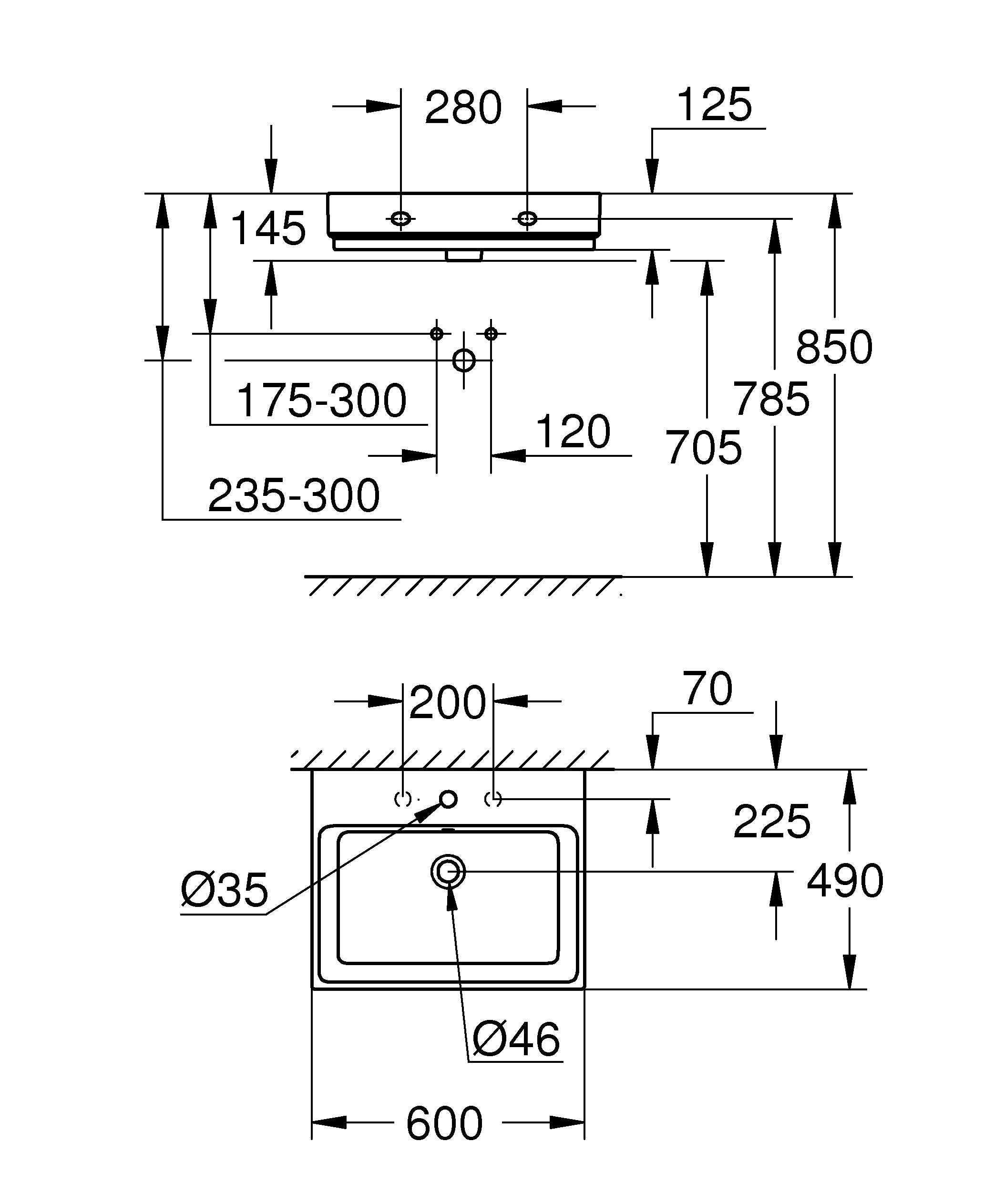 Waschtisch Cube Keramik 39473_H, wandhängend, 600 x 490 mm, 1 Hahnloch, 2 weitere vorgestochen, mit Überlauf, PureGuard Hygieneoberfläche, aus Sanitärkeramik, alpinweiß