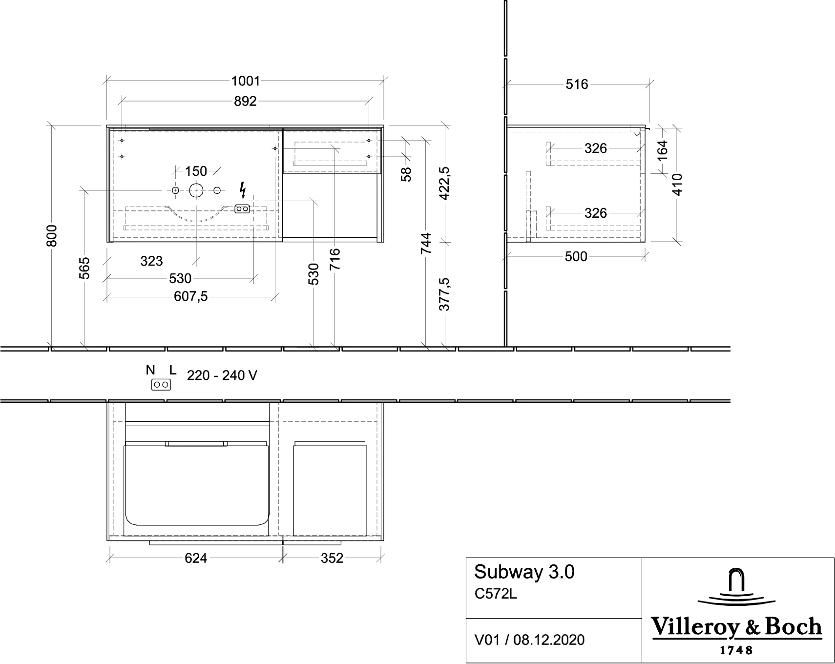 Villeroy & Boch Waschtischunterschrank mit Regalelement „Subway 3.0“ für Schrankwaschtisch 1001 × 423 × 516 mm Marine Blue, für Becken links