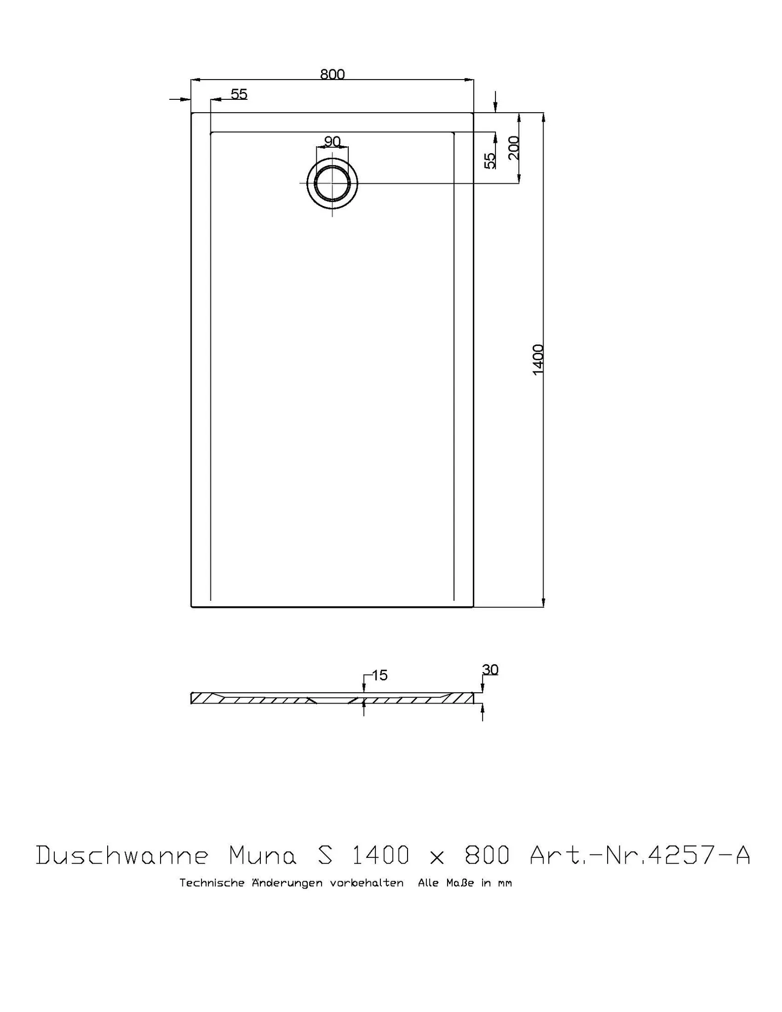 Duschwanne „Muna S“ Rechteck 140 × 80 cm in Telegrau