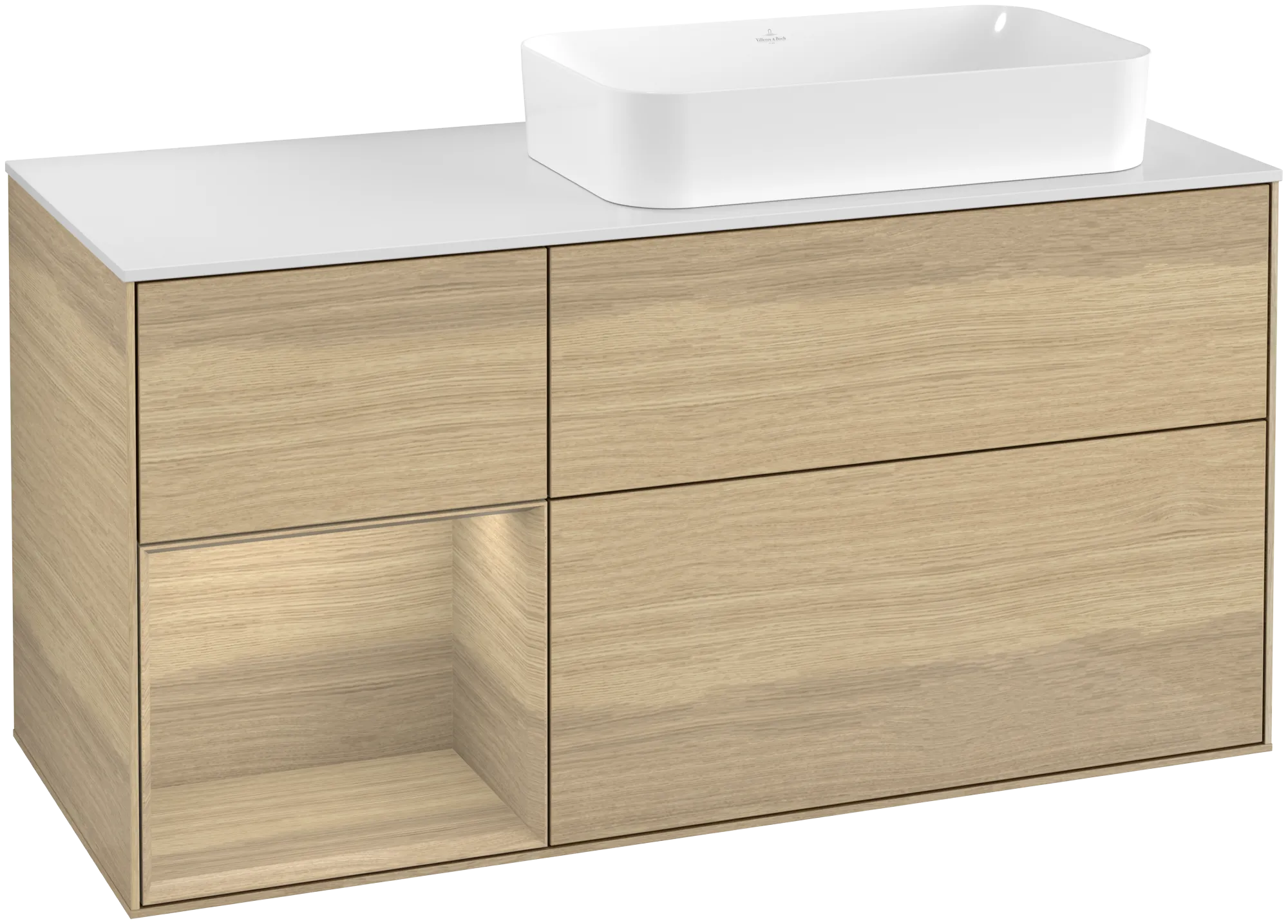 Villeroy & Boch Finion Waschbeckenunterschrank F68, 1200 x 603 x 501 mm, oak veneer / glass white matt