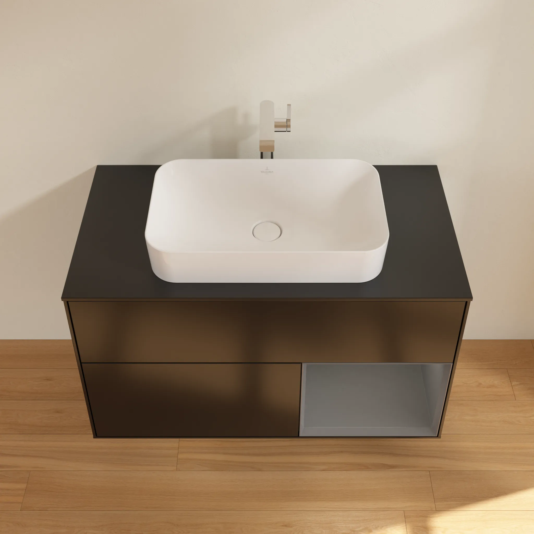 Villeroy & Boch Waschbeckenunterschrank Finion F25, 1000 x 603 x 501 mm, Black Matt Lacquer, mit Beleuchtung und Push-to-open Funktion
