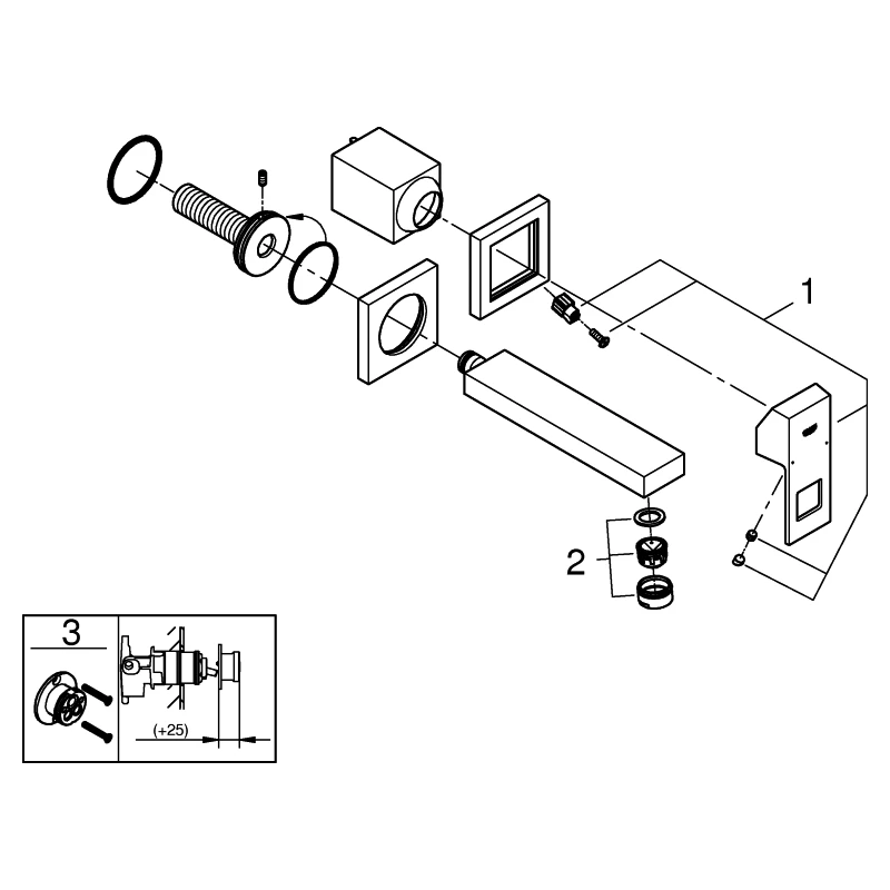 2-Loch-Waschtischbatterie Eurocube 19895, Wandmontage, Fertigmontageset für 23200, Ausladung 171 mm, chrom