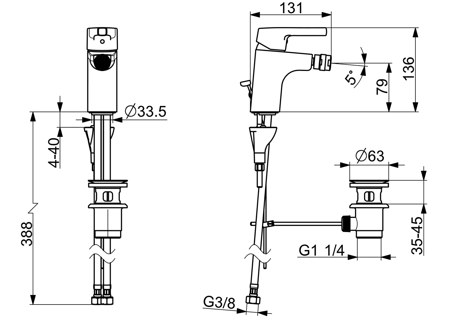 HA Einhebelmischer Bidetbatterie HANSAPALENO 5644 Ablaufgarnitur mit Zugstange Ausladung 106 mm DN15 Chrom