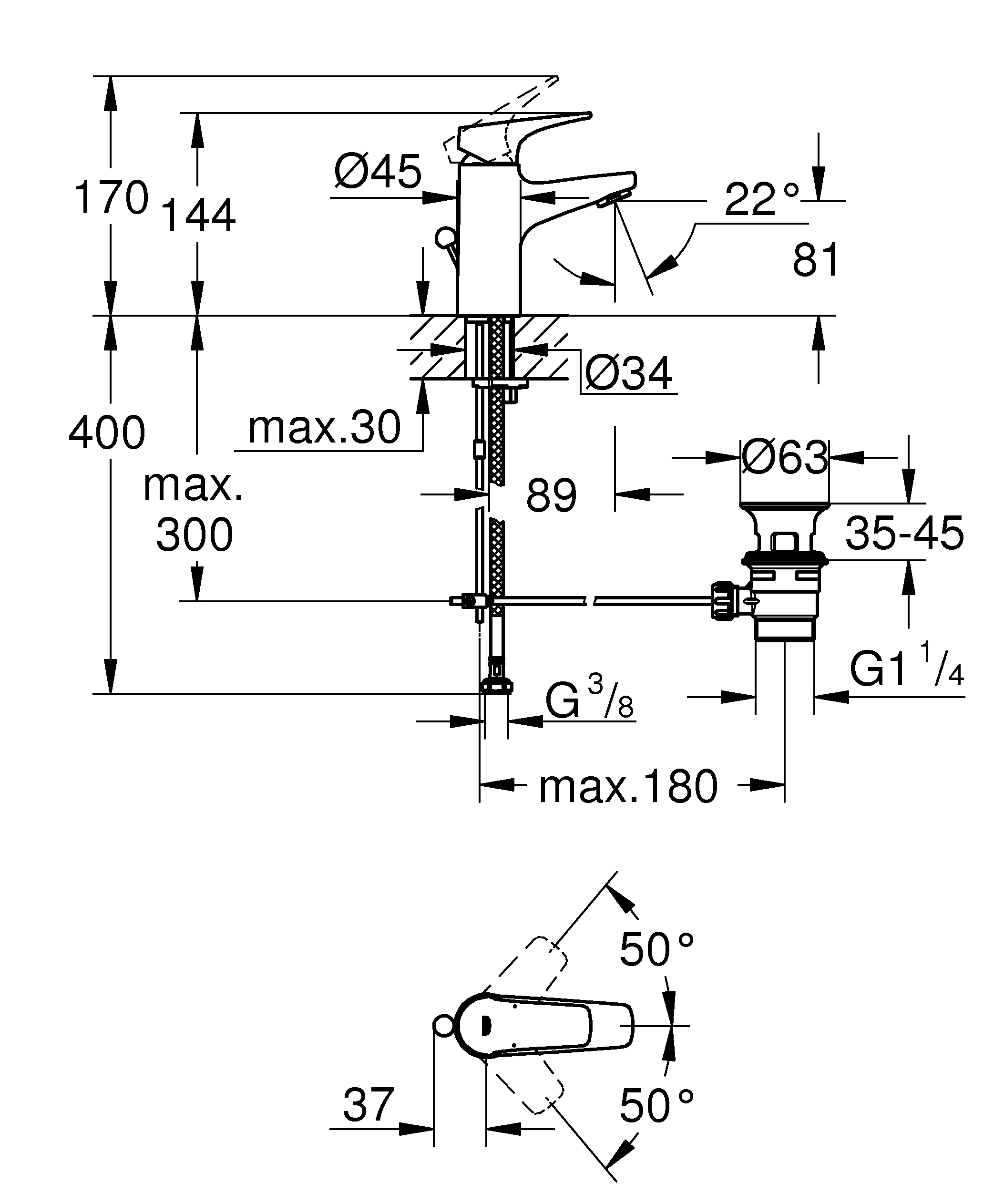 Einhand-Waschtischbatterie BauFlow 23751, S-Size, Einlochmontage, Zugstangen-Ablaufgarnitur aus Kunststoff 1 1/4'', chrom