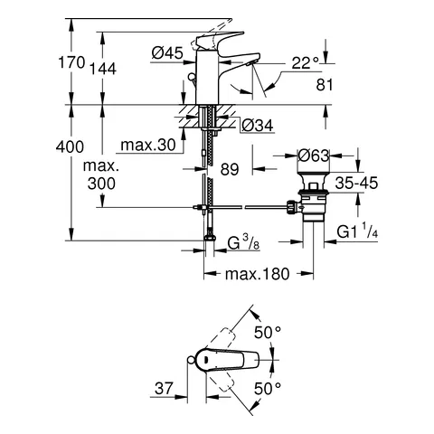 Grohe BauFlow Einhand-Waschtischbatterie, S-Size, Einlochmontage, chrom Grohe BauFlow Einhand-Waschtischbatterie, S-Size, Einlochmontage, chrom