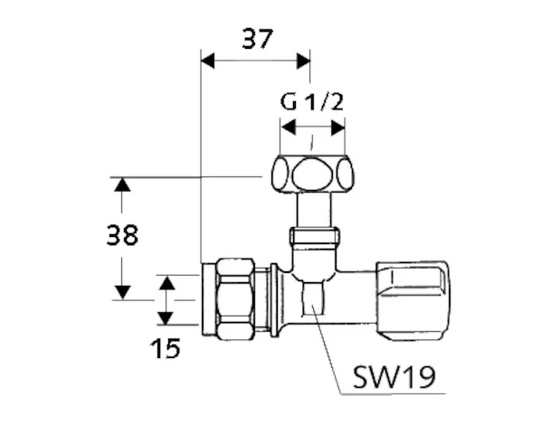 Eckventil mit Regulierfunktion COMFORT, COMFORT-Griff, Messing-Klemmring-Verschraubung Ø 15 (DN 15 G 1/2 AG), Überwurfmutter DN 15 G 1/2 IG, chrom
